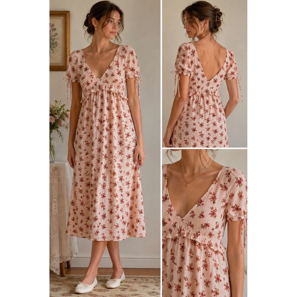 Madewell Floral Midi Dress Women 6 Pink V-Neck Ruffle Tie Sleeve Empire Waist